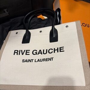 Saint Laurent Rive Gauche Canvas Tote in Cream and Black